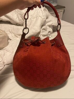 Vintage Gucci Red Monogram Drawstring Shoulder Bag